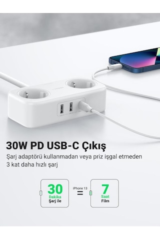 Ugreen Type-C Usb Çıkışlı 2'li 1.8 M Akım Korumalı Priz (Teşhir)