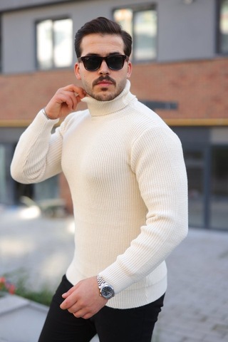Efnaz Style Erkek Boğazlı Örme Kazak Açık Krem