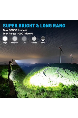 Şarj Edilebilir El Fenerleri 90000 Yüksek Lümen, Yüksek Güçlü Led El Feneri, Xhp70.2 Yakınlaştırılab Siyah