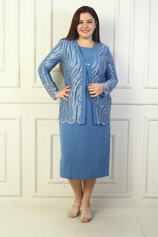 Kadın Pul Ve Sim İşlemeli Tül Ceket Uzun Kollu Astarlı Krep Elbise Büyük Beden 2'li Takım İndigo