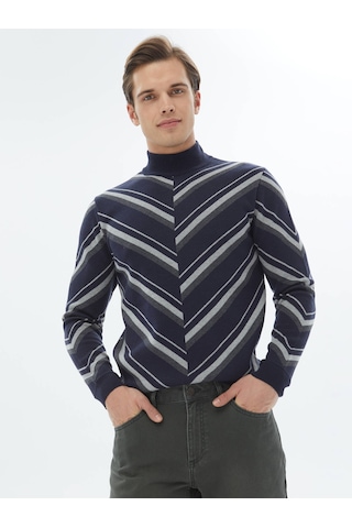 Kip Lacivert Yarım Balıkçı Yaka Desenli Pamuk Karışımlı Triko Çok Renkli