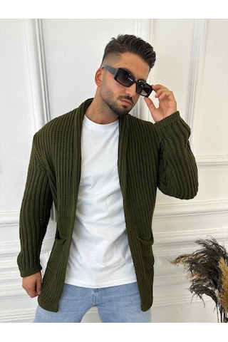 Elku Moda Hırka Kalın Örgü Şal Yaka Cepli Panço Triko Hırka Yeşil