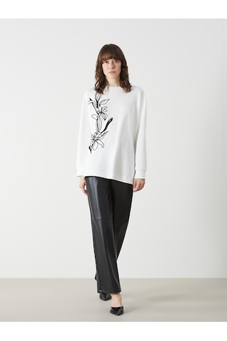 Lcwaıkıkı Classic Beyaz Bisiklet Yaka Baskılı Oversize Kadın Tunik