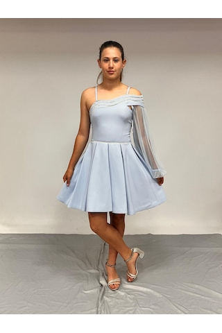 Kız Çocuk Abiye Kısa Krep Bebe Mavi Yaka Şerit Taşlı Tek Kol Çıkabilen Tül Erkut Abiye Elbise 10-15 Yaş İndigo