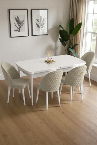 Mura Beyaz 80x132 Açılabilir Mdf Masa Yemek Odası Takımı, Mutfak Takımı 4 Adet Sandalye Krem
