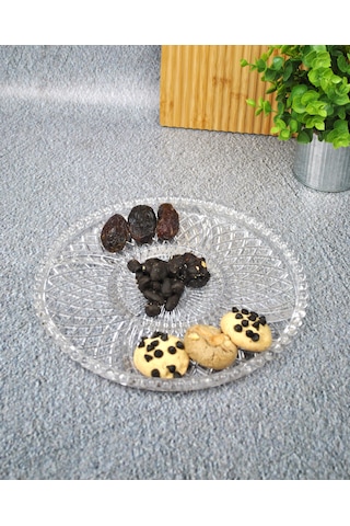 5 Bölmeli Cam Çerezlik Kahvaltılık Boncuklu Sunumluk Tabağı-26 Cm