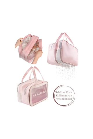 Şeffaf Çift Bölmeli Seyahat Makyaj Organizeri Kozmetik Çantası - Açık Pembe Xl