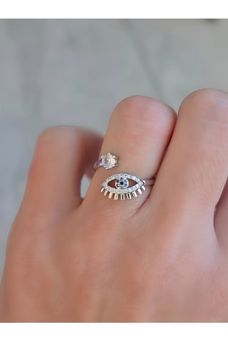 Ayarlanabilir Nazar Model Zirkon Taşlı Silver Renk Çelik Yüzük Gümüş