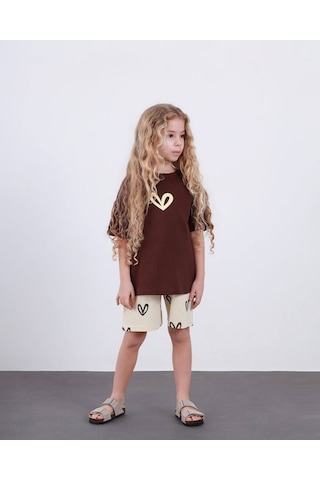 Miniko Kids Kız Çocuk Kalp Modelli Pamul Şortlu Takım Kahverengi