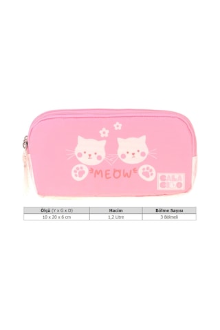 Calacilo Kız Çocuk İlkokul Kalem Çantası - Kedi Baskılı Pembe Renk Cat - C4040 Pembe - Beyaz