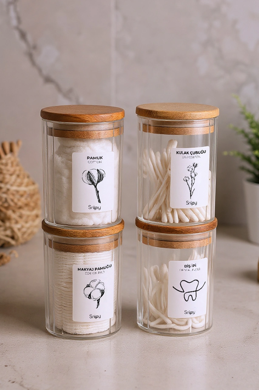 Bathy - 4'lü Ahşap Vakum Kapaklı Banyo Düzenleyici Plastik Banyo Seti Pamuk Düzenleyici Ahşap