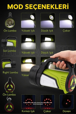 Şarjlı Çok Fonksiyonlu Led El Feneri 4500mah Powerbank, Su Geçirmez, Çoklu Işık Modları Çok Renkli