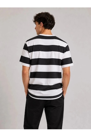 Freedom Storee Erkek Çizgili Oversize Tişört Bisiklet Yaka Kısa Kol Yazlık T-shirt - Siyah Çok Renkli