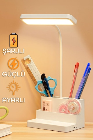 Şarjlı Masa Lambası Renk Ayarlı Dokunmatik Standlı Dimmerli Kalemlikli Çalışma Okuma Işığı 7225 Beyaz