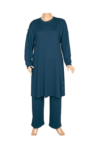Hesna Kadın Benan Fitili Düğmeli Spor Petrol Tunik Pantolon Takım Petrol