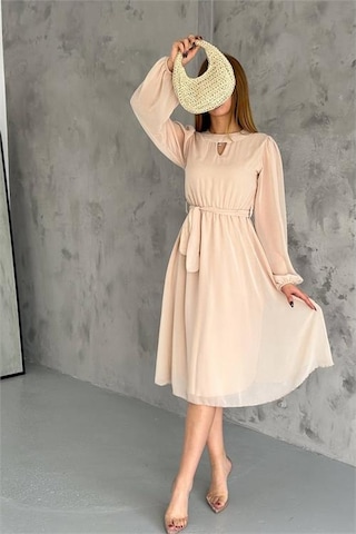 Neşeli Butik Kadın Bej Midi Boy Astarlı Şifon Elbise Nbkklf2027 Bej