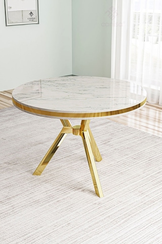 Natre Serisi 90x90 Lak Panel Beyaz Mermer Desen Gold Ayaklı Mutfak Masası Takımı Ve 4 Sandalye Beyaz Mermer Masa Siyah Sandalye
