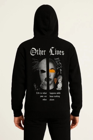Vinevesta Erkek Kapüşonlu Kanguru Cepli Sweatshirt 3 İplik Pamuklu Baskılı Hoodie - Siyah Çok Renkli