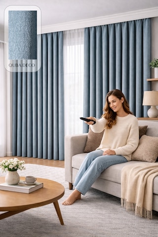Balıksırtı Dokulu Premium Jakar Fon Perde Salon Oturma Odası Yatak Odası Çocuk Odası Mavi