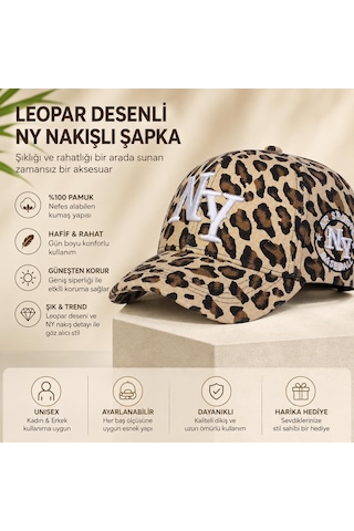 Valkyrie Açık Leopar Desenli Ny Nakışlı Unisex Şapka Ayarlanabilir %100 Pamuk Spor Günlük Şapka Kahverengi
