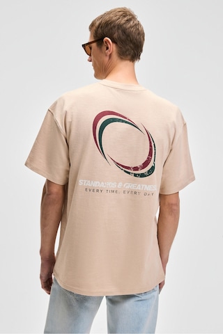 Grimelange MANOL Erkek Bisiklet Yaka %100 Organik Pamuklu Oversize Fit Bej T-Shirt