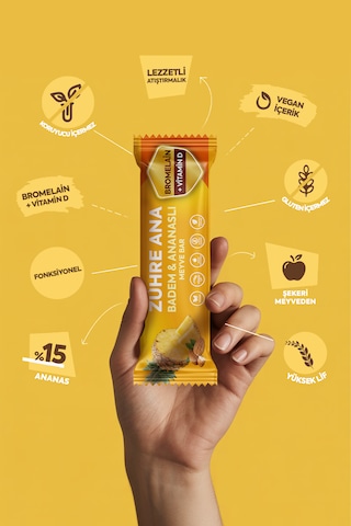 Bromelain Ve Vitamin D İçeren Meyve Bar, Şeker İlavesiz Badem Ve Ananaslı 35 Gr X 12 Adet