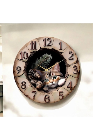 Ahşap Kabartma Görünümlü Renkli Baskı Kedi Desenli Sayılı Hediyelik Ahşap Sessiz Duvar Saati 50cm ÇOk Renkli