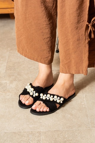 Dabab Shoes Mırella Kadın İncili Hasır Dokulu Düz Şık Siyah Terlik
