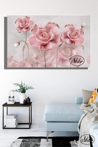 Tekli, Yatay, Kanvas, Dekoratif, Duvar, Tablosu , Pembe Gold Detaylı 3d Güller,