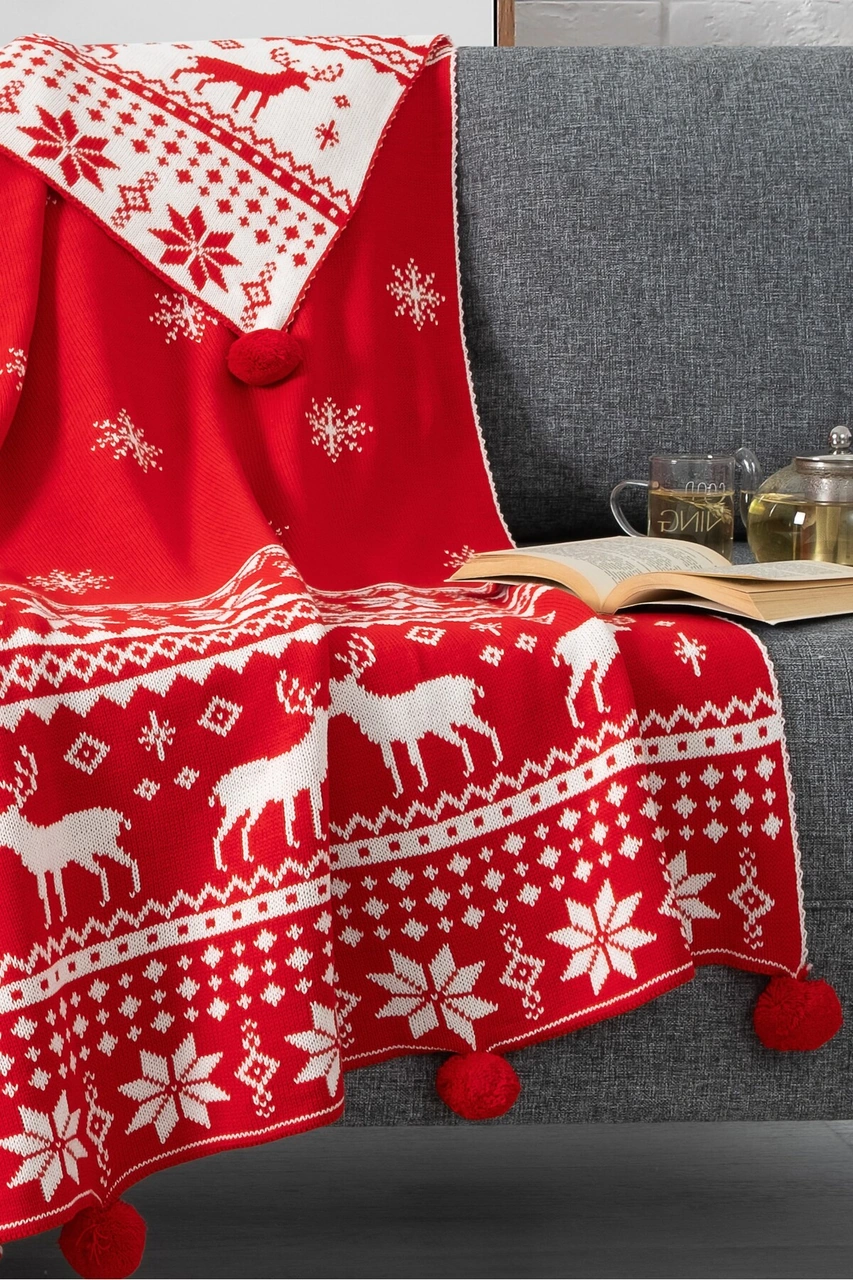 Kar Tanesi Detaylı Ponponlu Triko Örme Tv Battaniyesi Yılbaşı Hediyesi-130x170 Cm-kırmızı Kırmızı Kırmızı