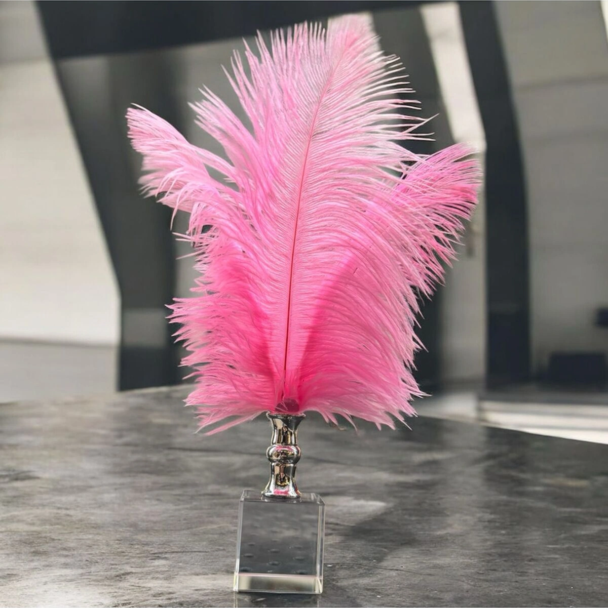 Dekoratif Küçük Boy Küp Kristal Cam Deve Kuşu Tüyü Açık Pembe Gümüş