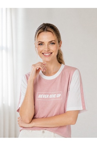 Nealirsanall.com "never Give Up" Baskılı Penye Tişört - Kontrast Kollu Spor Bluz Bordo