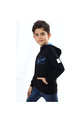 Toontoy Kids Toontoy Erkek Çocuk Relax Fit Kapüşonlu Cepli Hafif Düşük Omuz Baskılı Sweatshirt - 2 İplik Siyah