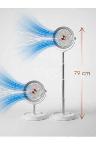 Teleskopik Ayaklı Hem Masaüstü Hem Dikey 79 Cm Şarjlı 3 Kademeli Fan Vantilatör 360