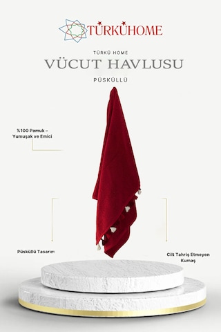 Püsküllü Yumuşak Pamuk Havlu Yüksek Emicili Vücut Havlusu 70x130 Cm Kırmızı