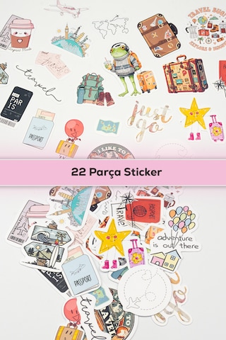 Seyahat Temalı Sticker Paketi 22 Parça Kaliteli Su Geçirmez Travel Etiket Seti Çok Renkli