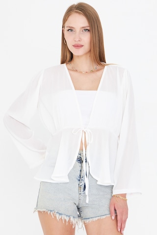 Armonika Kadın Beyaz Önden Bağlama Detaylı Şifon Kimono Hırka Arm-25y001072