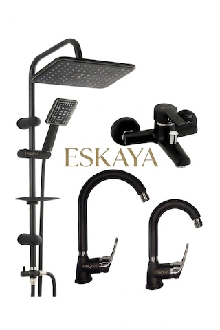 Eshome Siyah Krom 4lü Full Set Robot Duş Banyo Bataryası Banyo Lavabo Ve Mutfak Eviye Musluğu