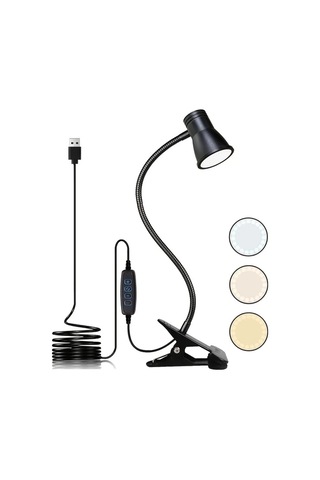 Boatshop1 Siyah 1 Adet Hotu 360 Ayarlanabilir Klipsli Masa Lambası Usb Çalışan 3 Renk Sıcaklık Ayarı Esnek Boyun Okuma Çalışma El Sanatları Için Siyah