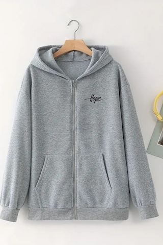 Unisex Gri Kapüşonlu Fermuarlı Hırka Minimal Hope Baskılı, Şardonlu Kalın Kumaş Gri