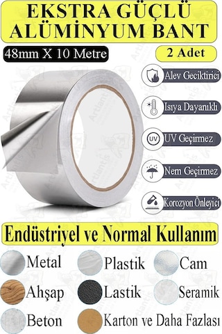Alüminyum Bant 10 Metre 2 Paket Aliminyum Folyo Yapışkanlı Band Aspiratör Soba Borusu Tamir Sıcaklığa Dayanıklı Yanmaz