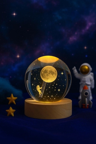 Merdivenle Aya Çıkan Astronot Temalı Küre Gün Işığı Ledli Usb'li Ahşap Standlı 3d Oda Gece Lambası Renkli