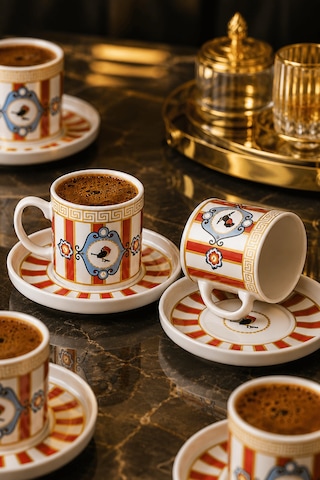 2'li Kuş Motifli Porselen Türk Kahvesi Fincanı Takımı Çizgili Altın Detaylı Set - Kırmızı