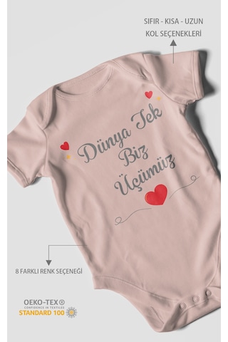 Morivokids Dünya Tek Biz Üçümüz Kısa Kollu Bebek Body %100 Pamuk Pastel Pembe