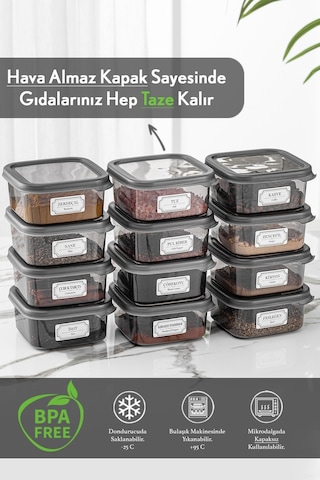 Meleni Home 12'li Kapaklı Kare Erzak Saklama Kabı Seti Baharatlık Seti Etiketli 12x 300 Ml Antrasit