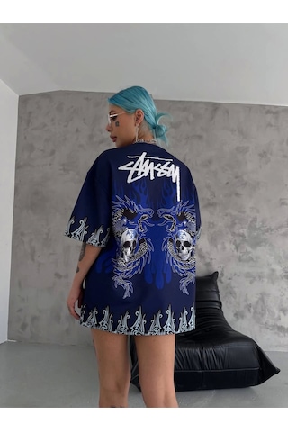 Wear Vexel Unisex Bisiklet Yaka Baskılı Oversize T-shirt - Lacivert Lacivert