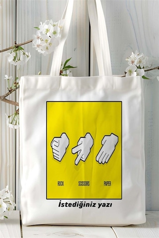 Art Hediye Taş Kağıt Makas Baskılı Bez Çanta Omuz Çantası Kişiye Özel Desen 1 Çok Renkli
