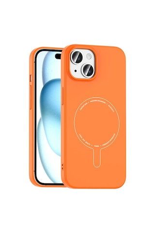 Apple iPhone Uyumlu 15 Kılıf M-safe Şarj Özellikli Kamera Korumalı Zore Elio Sert Pc Kapak - Turuncu