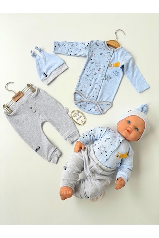 Mavi 3'lü Erkek Bebek Takımı - Uzun Kollu Bodyli & Mevsimlik Bebek Takım - %100 Pamuklu mavi Mavi