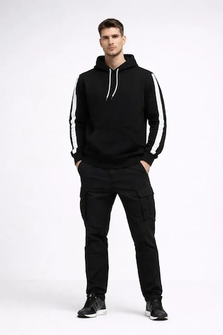 Defymoda Erkek Şeritli Kapüşonlu Sweatshirt Oversize 3 Iplik Pamuklu - Siyah Siyah